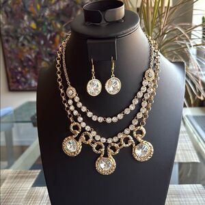 2 Gold Tone/Rhinestone Statement Necklaces plus Wire Backed Earrings.
